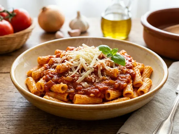Plato de macarrones con tomate casero espolvoreados con queso curado rallado
