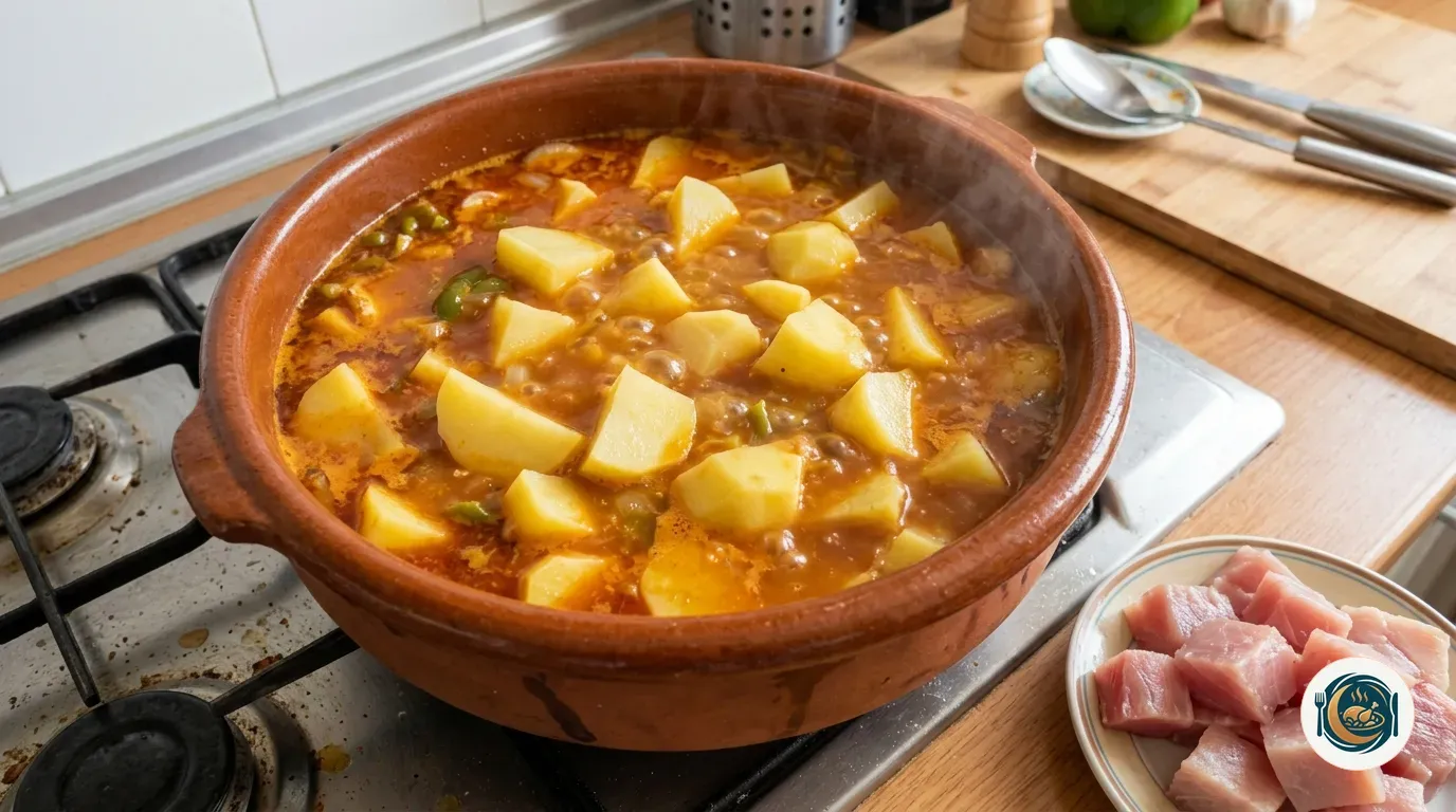 Cazuela de marmitako con las patatas cociendo en el caldo antes de añadir el bonito