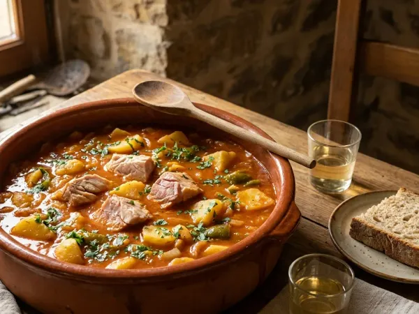 Cazuela de marmitako de bonito con patatas guisadas en caldo rojizo y perejil