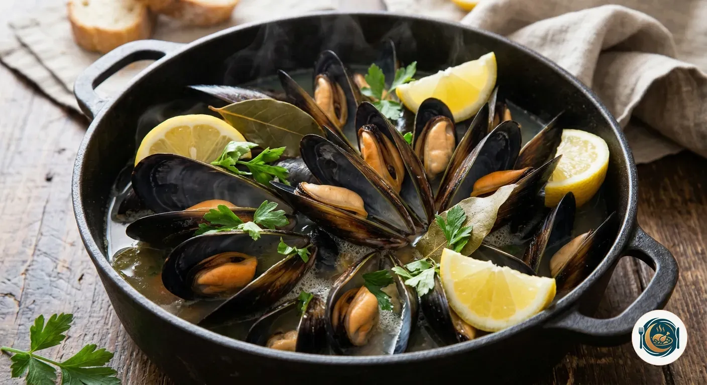 Mejillones al vapor recién abiertos en una cazuela con caldo, laurel y limón