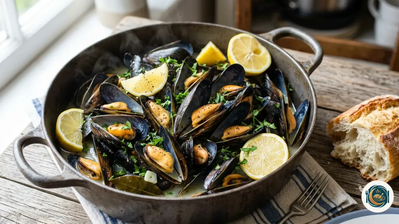Mejillones al vapor abiertos en una cazuela con laurel, limón y perejil