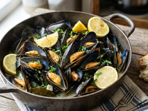 Mejillones al vapor abiertos en una cazuela con laurel, limón y perejil