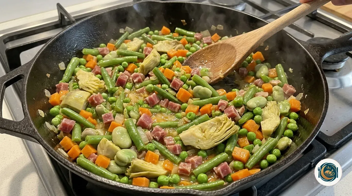 Sartén amplia con el sofrito de jamón ligando las verduras de la menestra