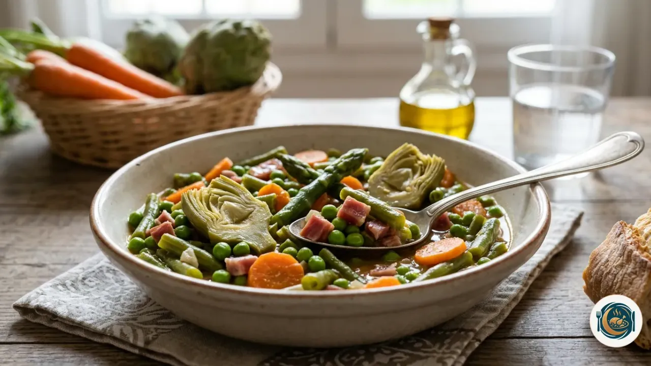 Plato de menestra de verduras con judías, guisantes, alcachofa y tacos de jamón