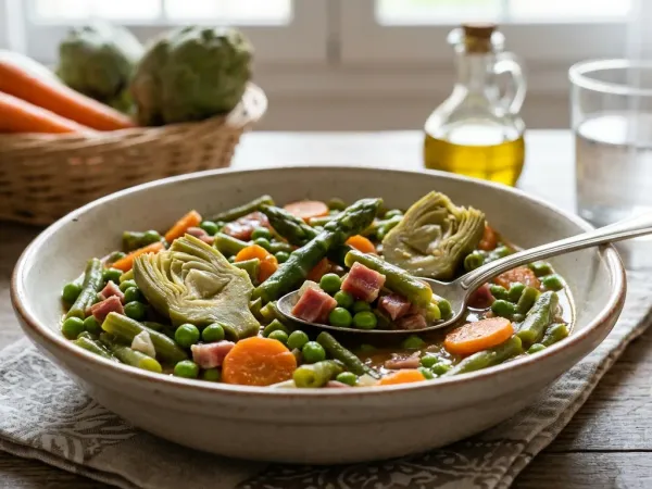 Plato de menestra de verduras con judías, guisantes, alcachofa y tacos de jamón