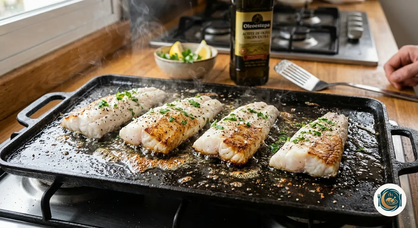 Lomos de merluza dorándose en una plancha caliente con aceite de oliva