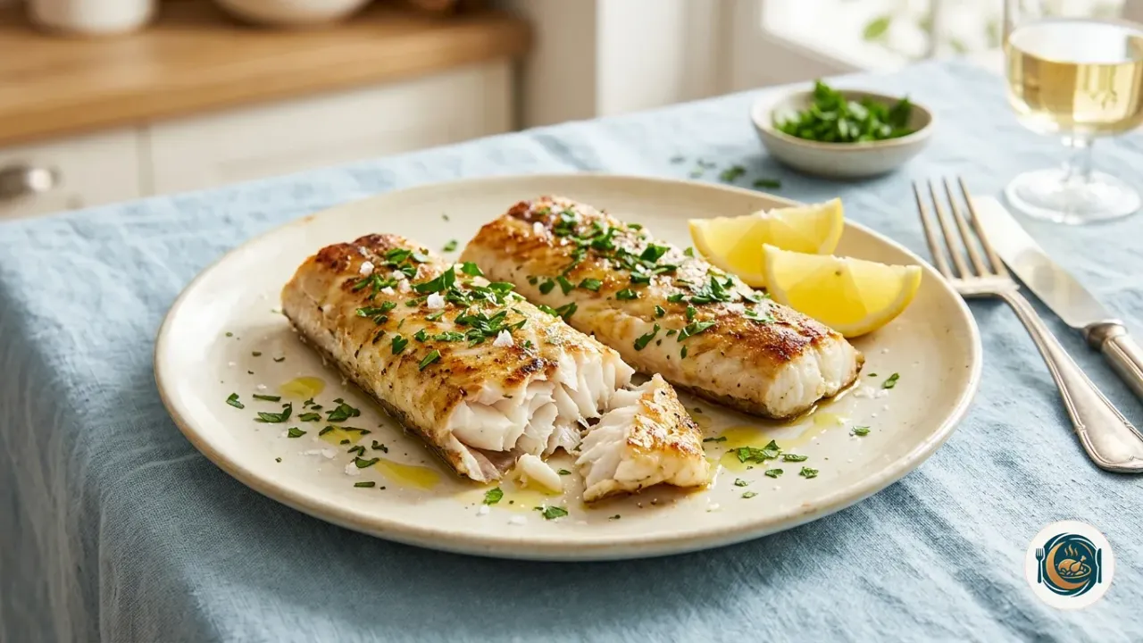 Lomo de merluza a la plancha dorado en un plato con limón y perejil