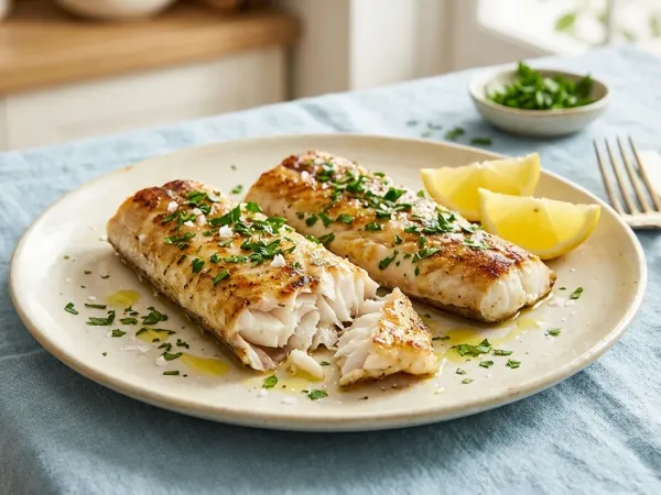 Lomo de merluza a la plancha dorado en un plato con limón y perejil
