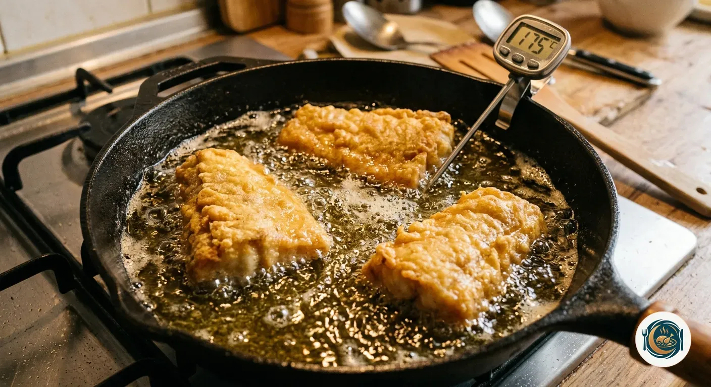 Lomos de merluza rebozados friéndose en aceite de oliva a 175 °C