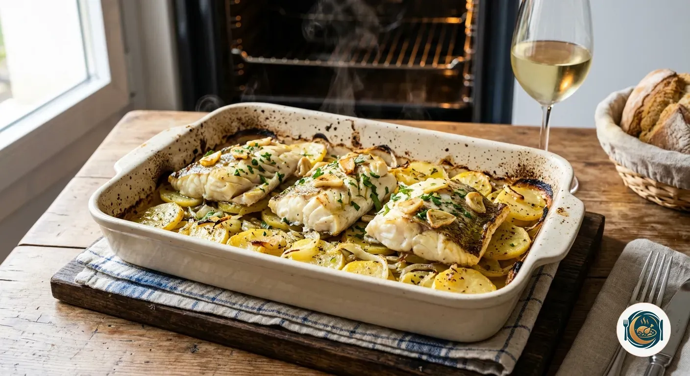 Bandeja de merluza al horno con patatas panadera recién salida del horno