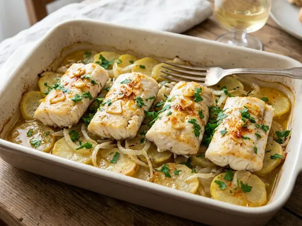 Lomos de merluza al horno sobre cama de patatas panadera con ajo y perejil