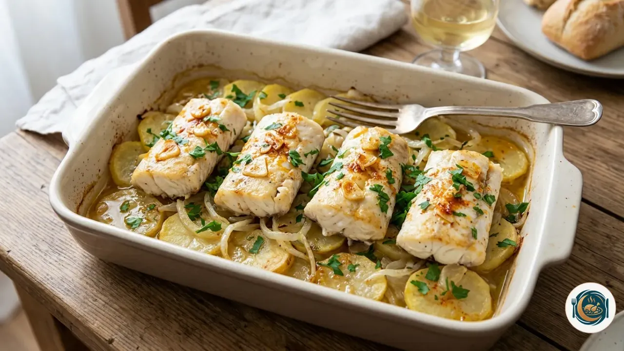 Lomos de merluza al horno sobre cama de patatas panadera con ajo y perejil