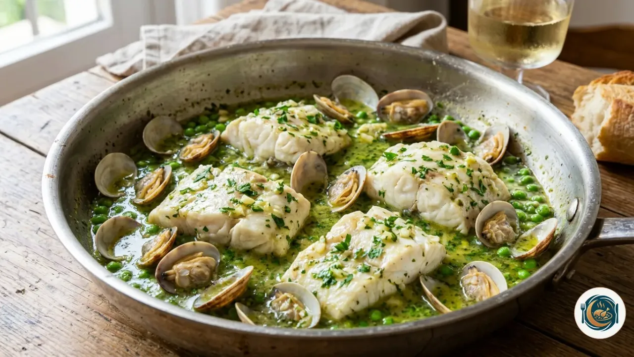 Sartén con lomos de merluza en salsa verde, almejas abiertas y guisantes