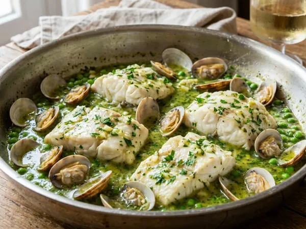 Sartén con lomos de merluza en salsa verde, almejas abiertas y guisantes