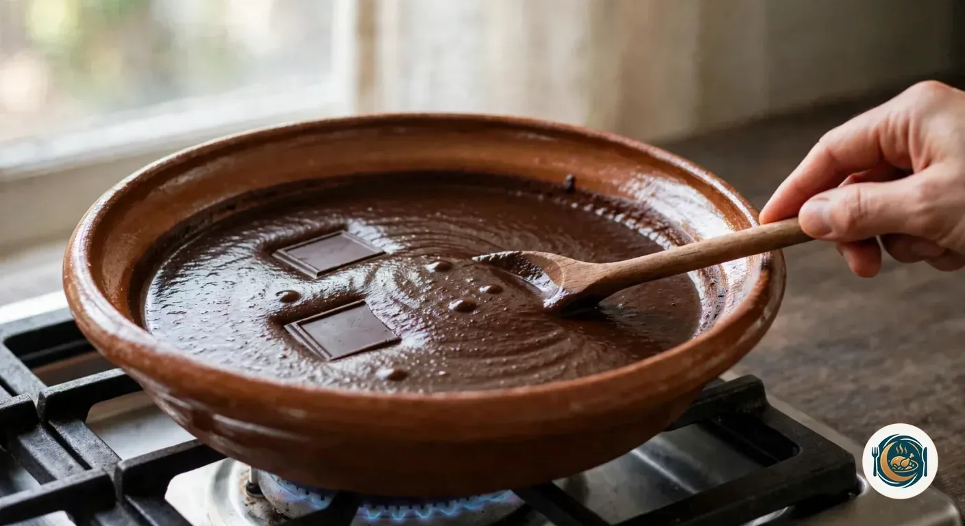 Mano removiendo con una cuchara de madera mole oscuro con dos onzas de chocolate en una cazuela de barro