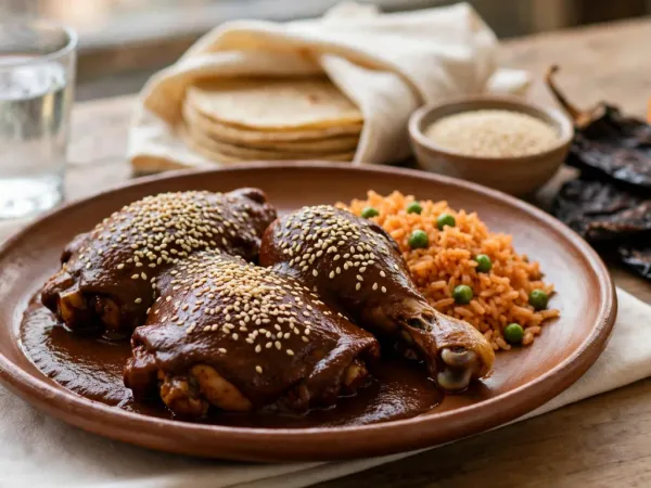 Pollo con mole poblano y sésamo en un plato de barro, con arroz rojo, tortillas de maíz y chiles secos
