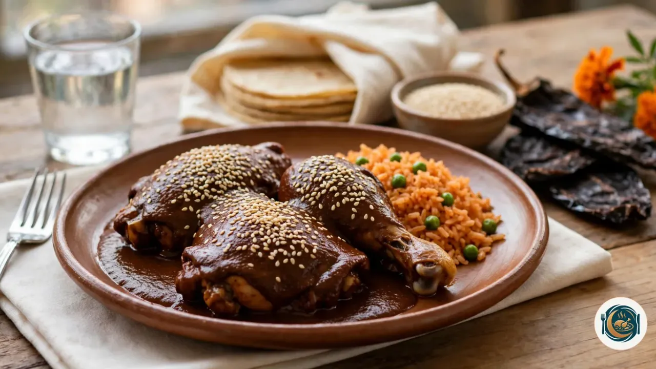 Pollo con mole poblano y sésamo en un plato de barro, con arroz rojo, tortillas de maíz y chiles secos