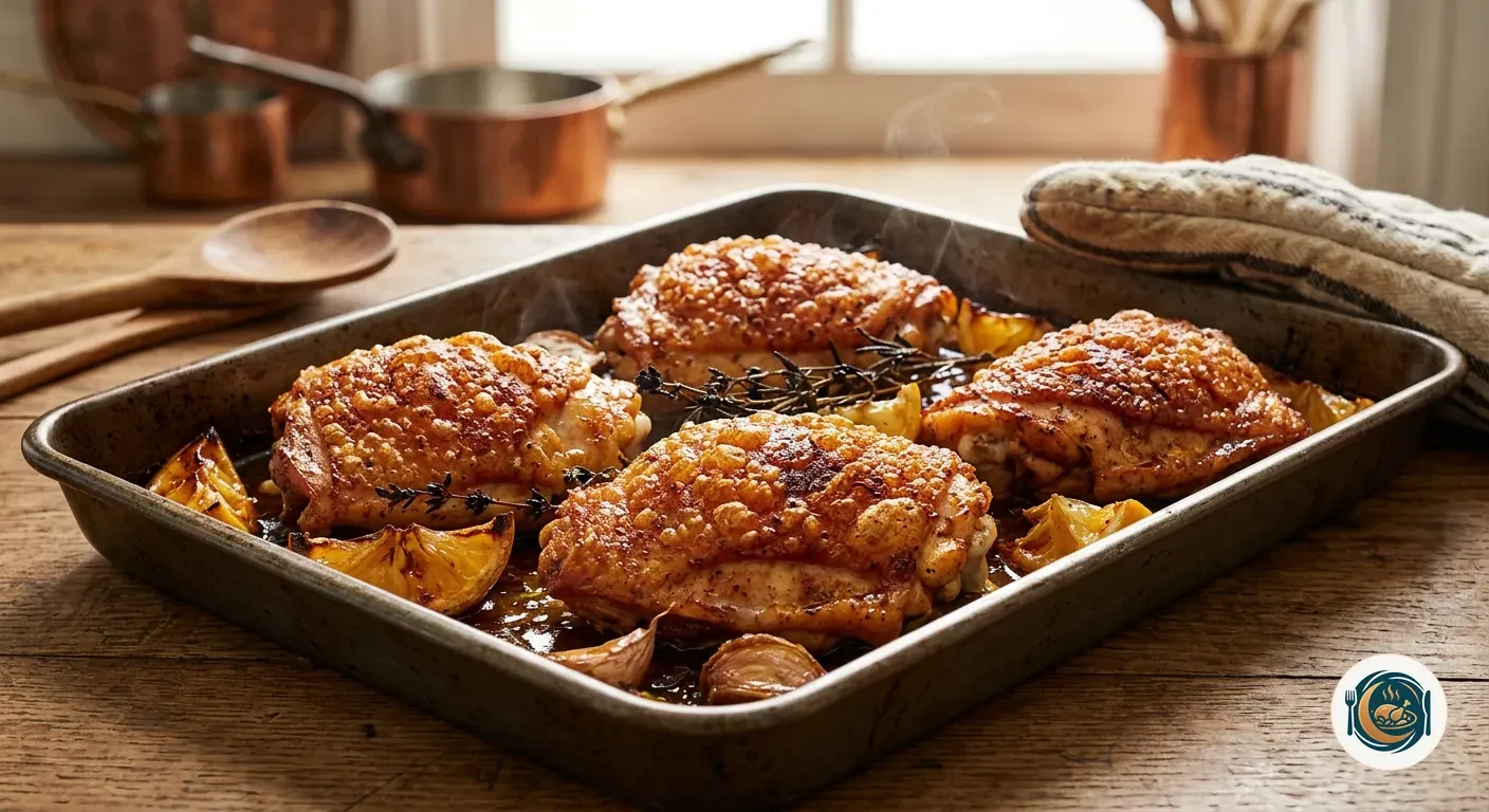 Muslos de pollo al horno con la piel dorada y crujiente recién salidos de la bandeja