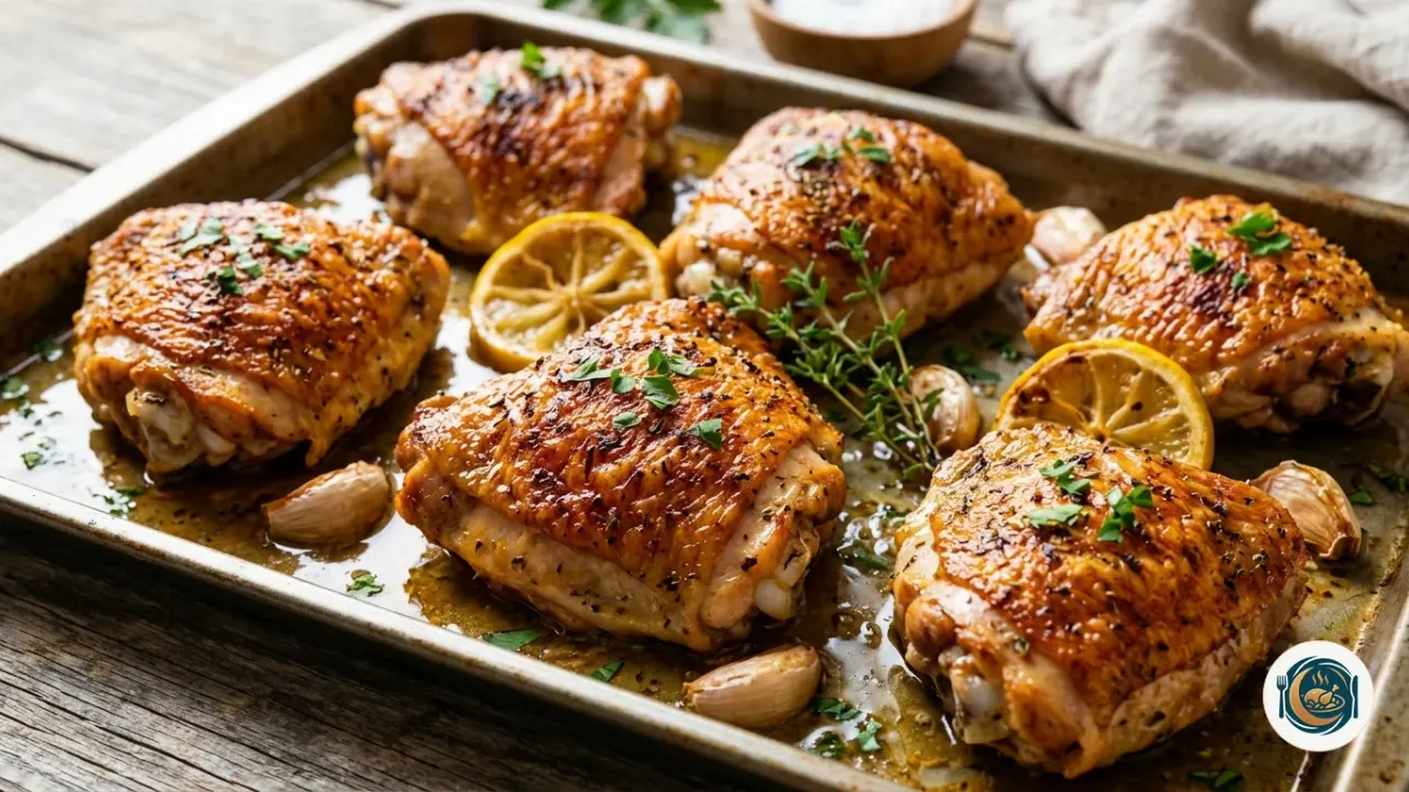 Bandeja con muslos de pollo al horno dorados y unas rodajas de limón