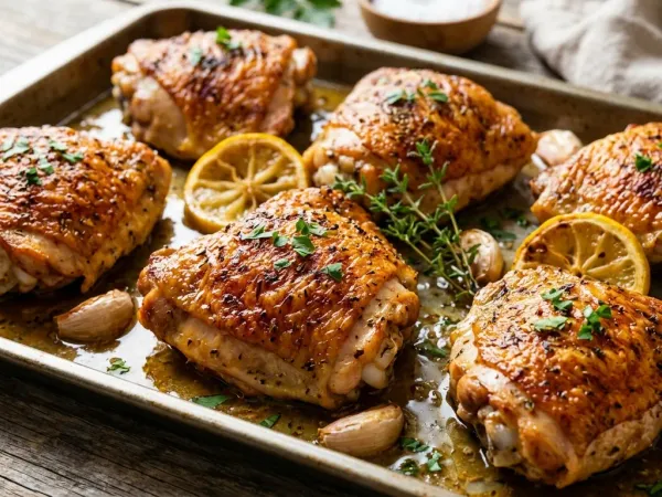 Bandeja con muslos de pollo al horno dorados y unas rodajas de limón