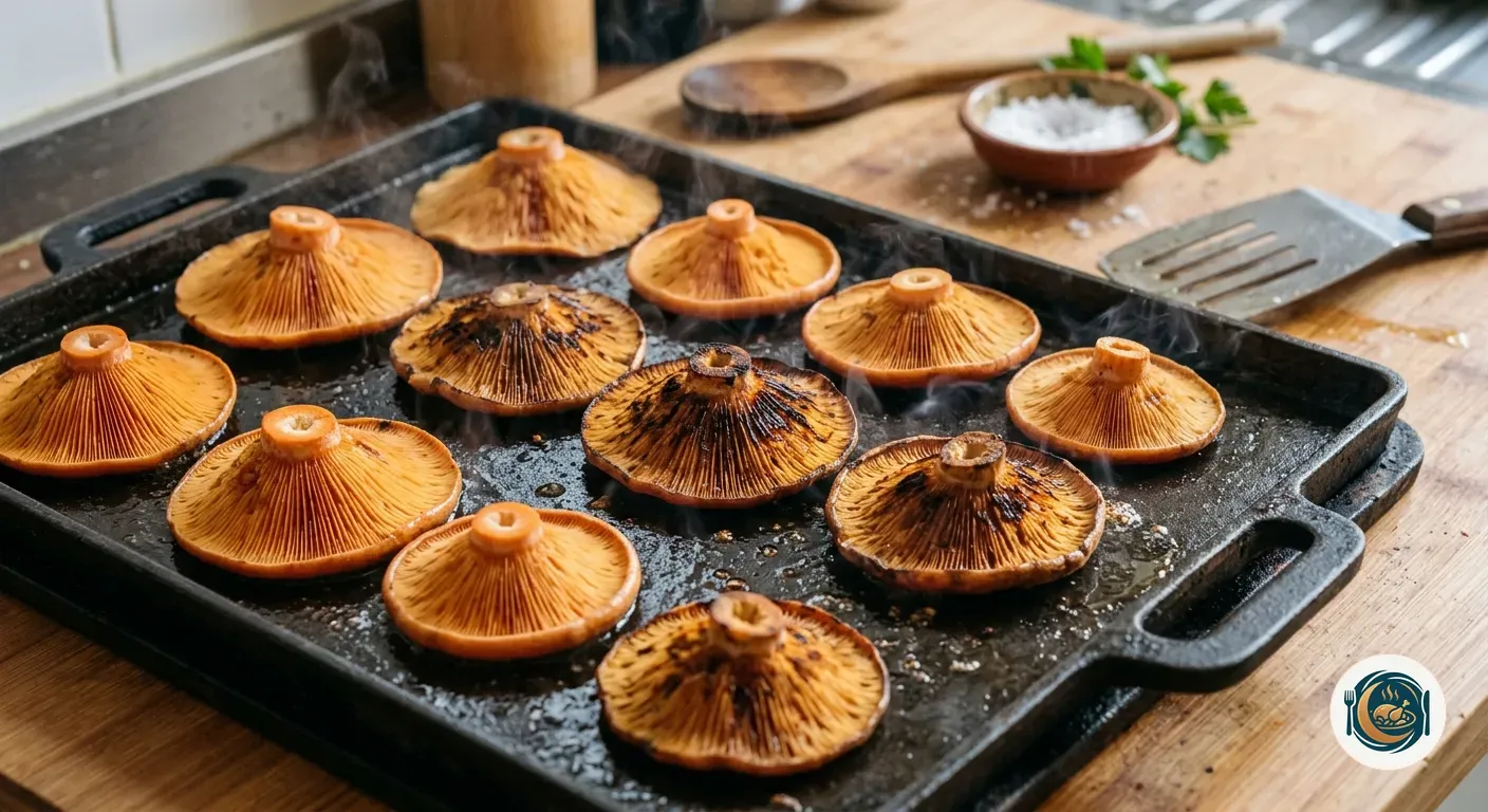 Níscalos tostándose con las láminas hacia abajo en la plancha