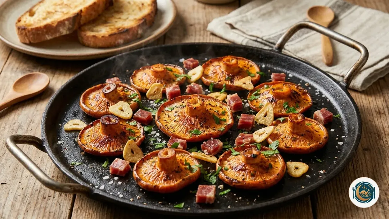 Níscalos a la plancha con ajo laminado, perejil y taquitos de jamón serrano en una plancha de hierro