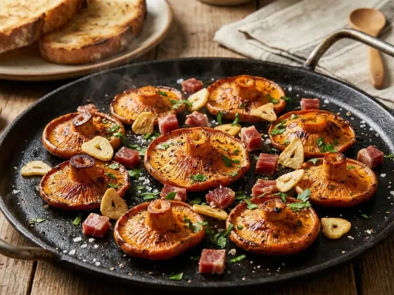 Níscalos a la plancha con ajo laminado, perejil y taquitos de jamón serrano en una plancha de hierro