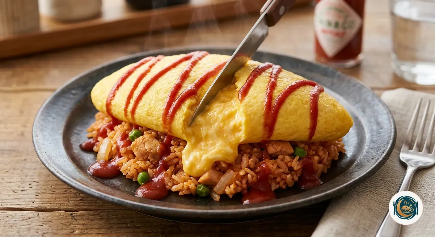 Tortilla de omurice abriéndose sobre el arroz con kétchup