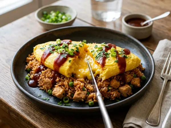Omurice casero con la tortilla cremosa abierta sobre el arroz salteado con pollo y salsa de kétchup