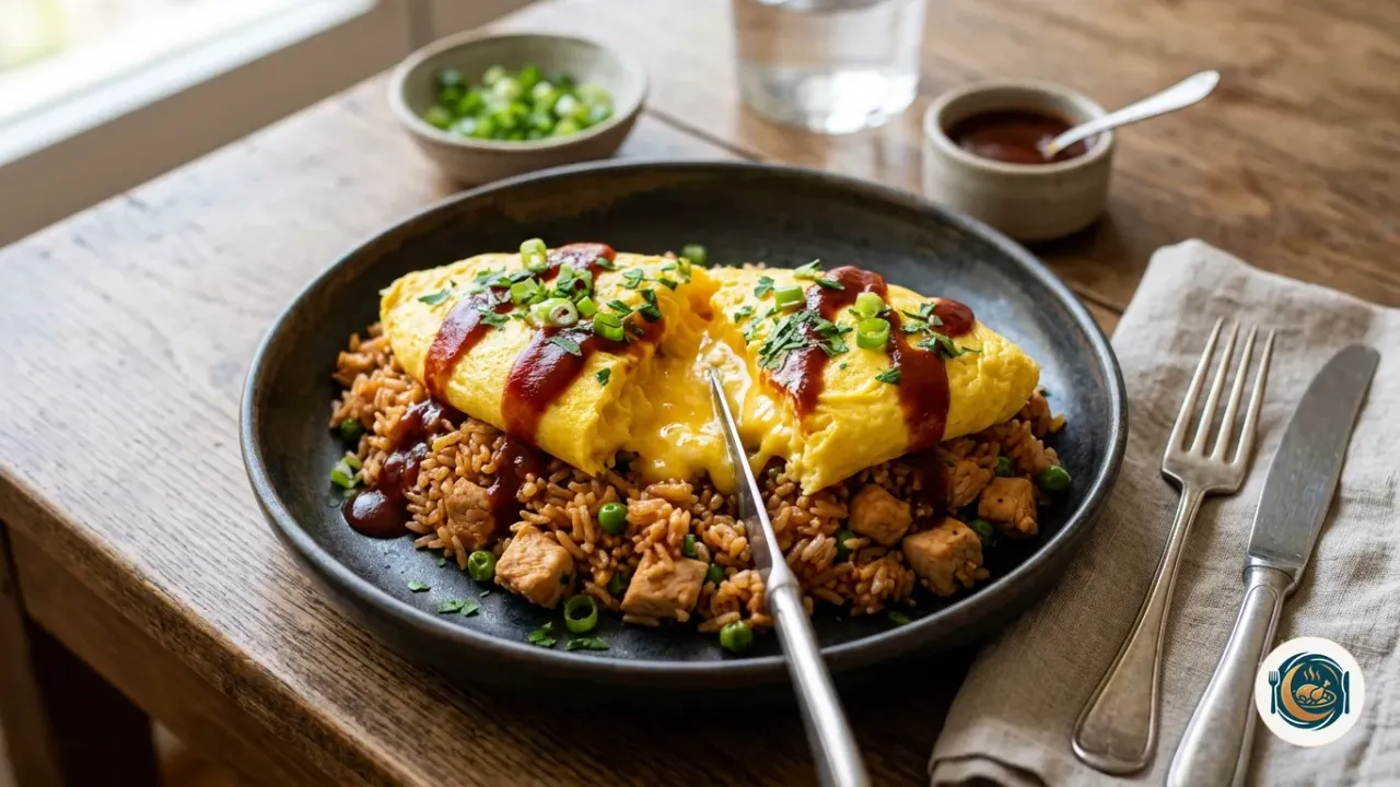Omurice casero con la tortilla cremosa abierta sobre el arroz salteado con pollo y salsa de kétchup