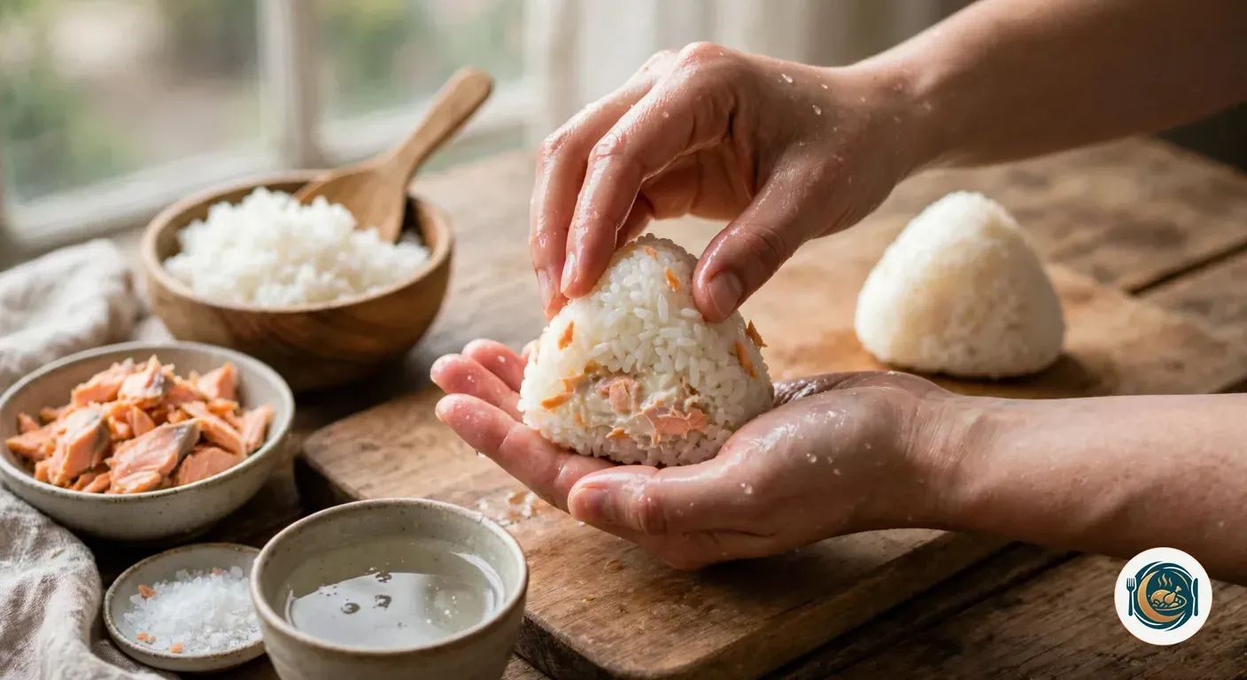 Manos mojadas dando forma de triángulo a un onigiri de salmón