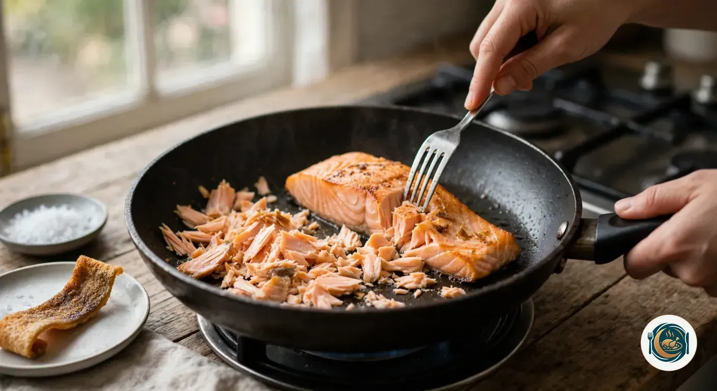 Tenedor desmigando un filete de salmón a la plancha en la sartén