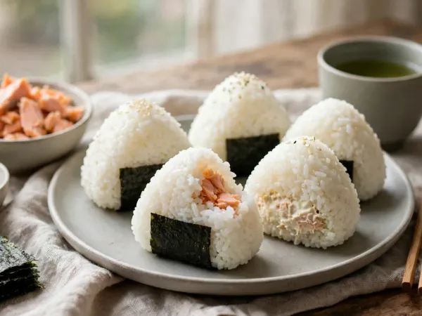 Onigiri de salmón y de atún con mayonesa, con su tira de alga nori