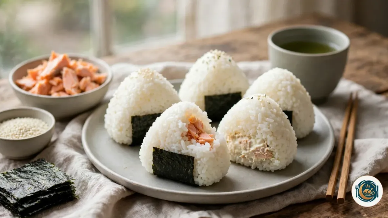 Onigiri de salmón y de atún con mayonesa, con su tira de alga nori