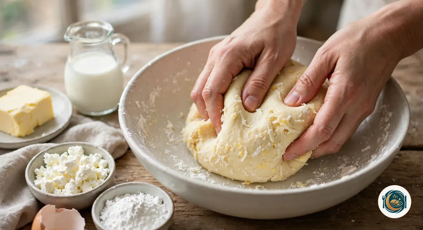 Manos amasando la masa de pandebono con queso rallado en un bol