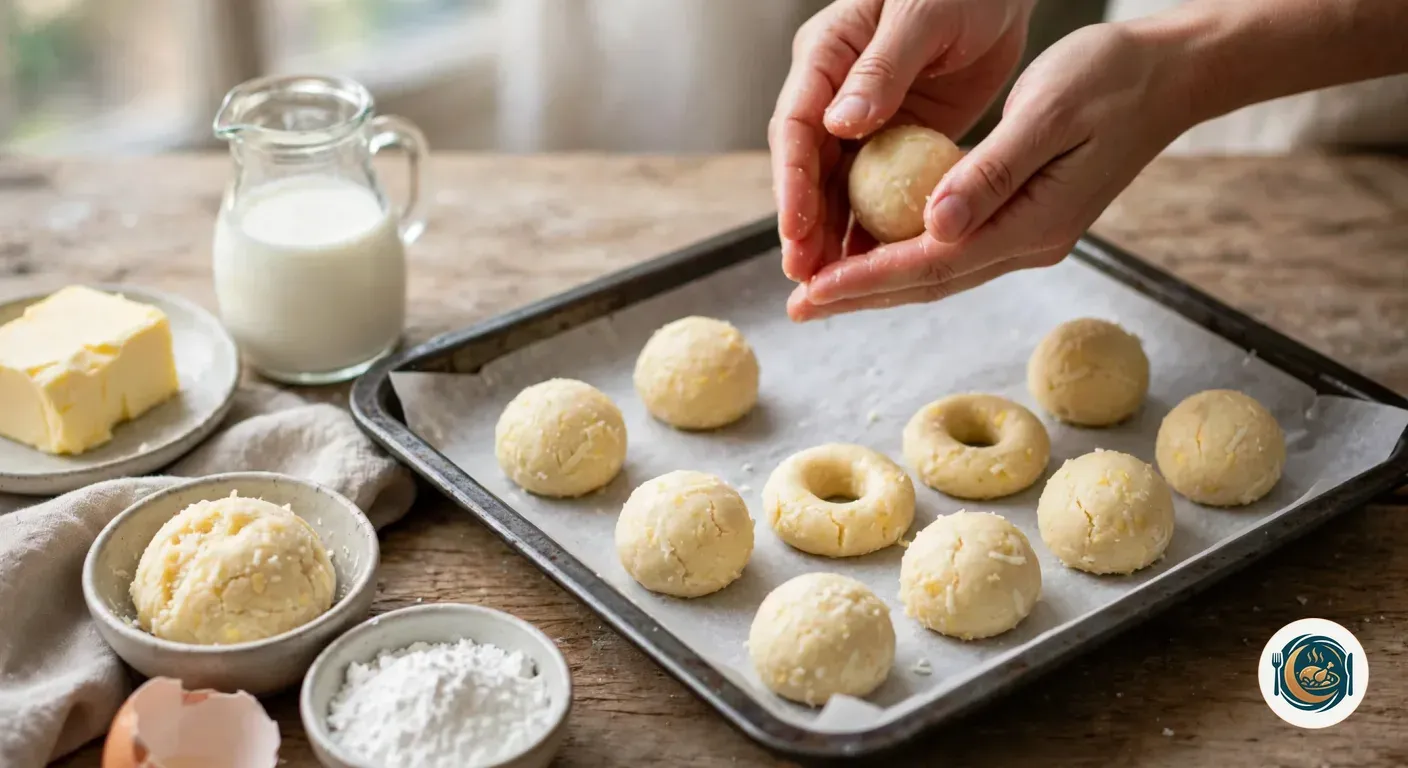 Manos formando bolitas de masa de pandebono sobre una bandeja