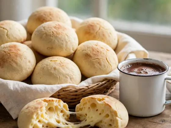 Pandebonos recién horneados en una cesta junto a un chocolate caliente