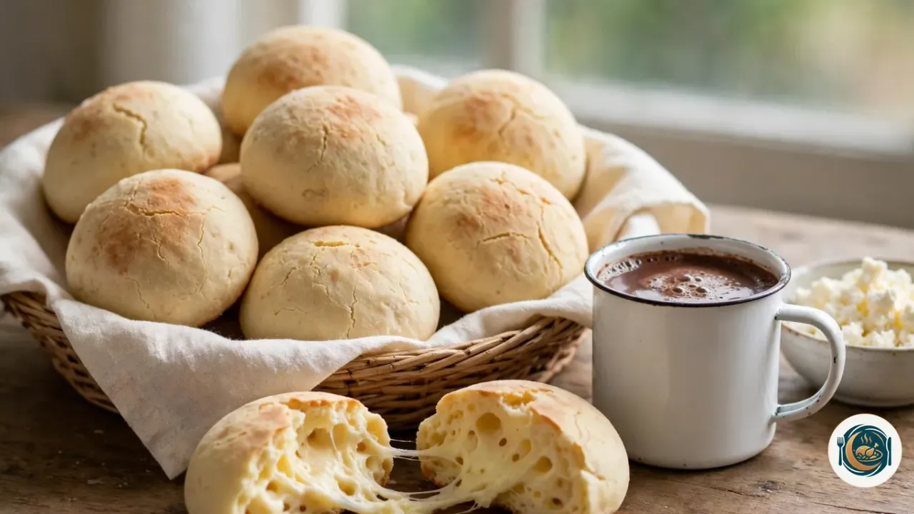 Pandebonos recién horneados en una cesta junto a un chocolate caliente
