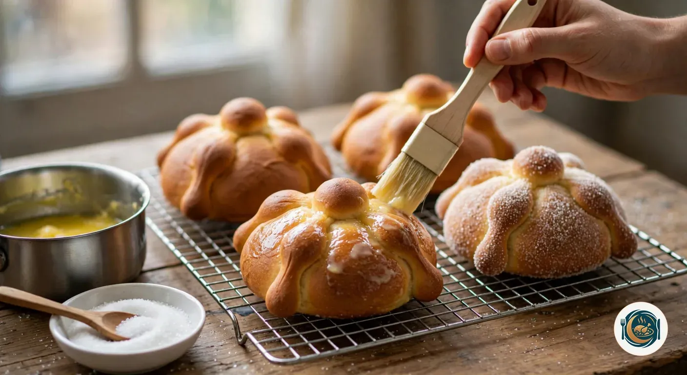 Brocha pintando con mantequilla un pan de muerto recién horneado