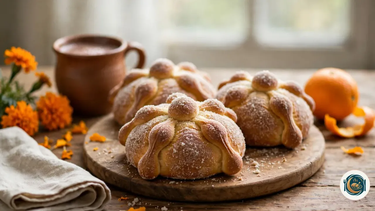 Panes de muerto con azúcar junto a flores de cempasúchil y chocolate