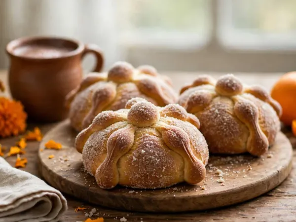 Panes de muerto con azúcar junto a flores de cempasúchil y chocolate