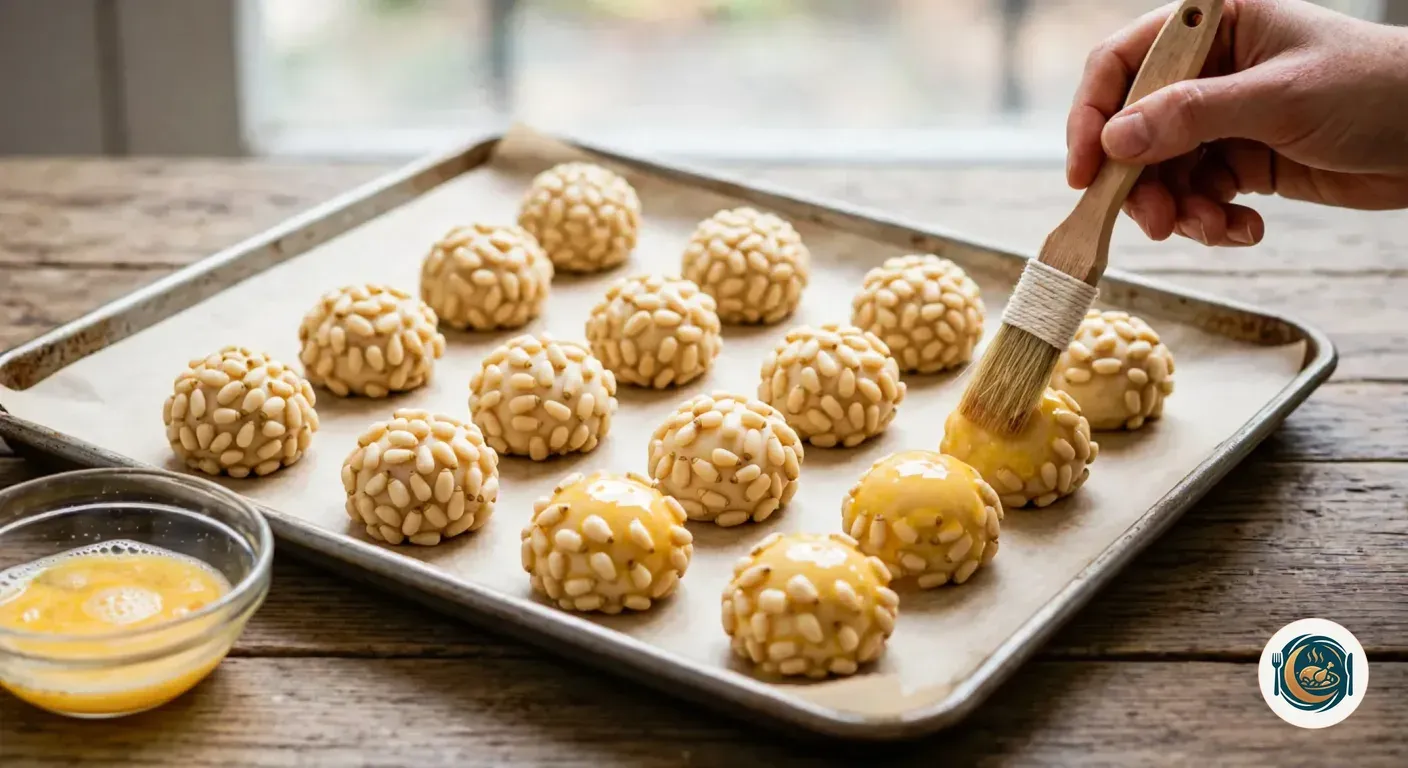 Mano pintando con yema de huevo panellets crudos rebozados en piñones, en una bandeja de horno