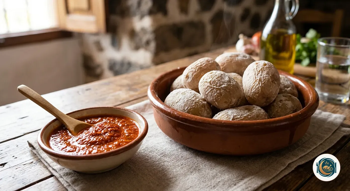 Cuenco de mojo picón rojo junto a papas arrugadas recién hechas