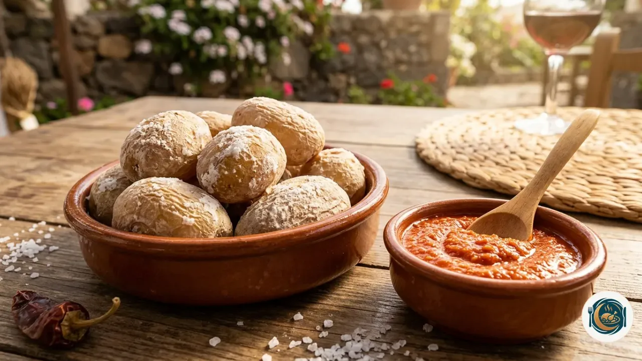 Plato de papas arrugadas canarias con costra de sal y cuenco de mojo picón