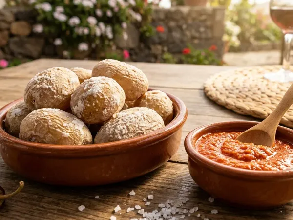 Plato de papas arrugadas canarias con costra de sal y cuenco de mojo picón