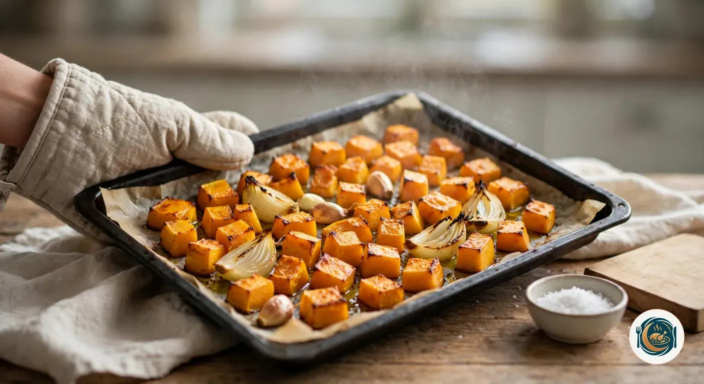 Bandeja de calabaza asada con cebolla y ajos recién sacada del horno