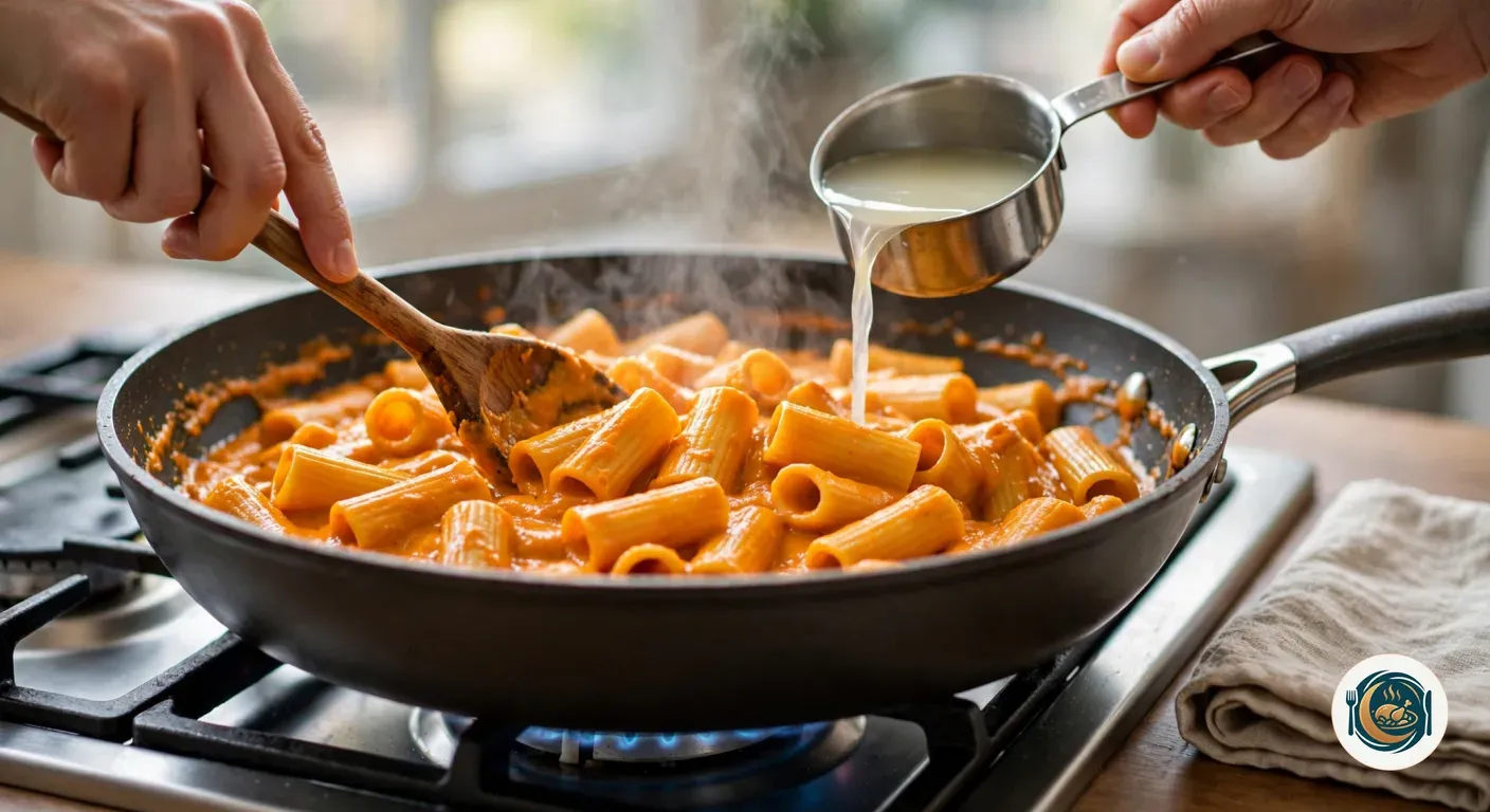 Rigatoni con salsa de calabaza en la sartén mientras se añade agua de cocción