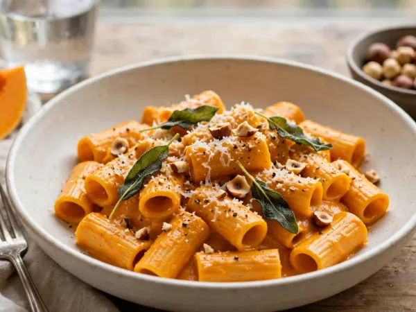 Rigatoni con salsa de calabaza asada, salvia crujiente, avellanas y queso rallado