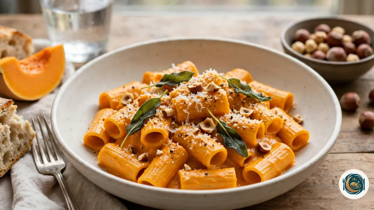 Rigatoni con salsa de calabaza asada, salvia crujiente, avellanas y queso rallado