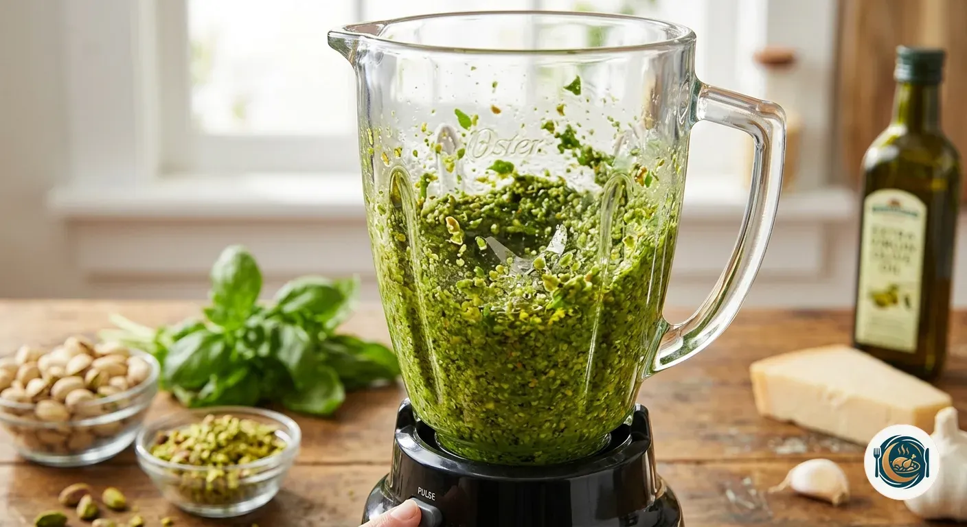 Pesto de pistacho recién triturado en la batidora